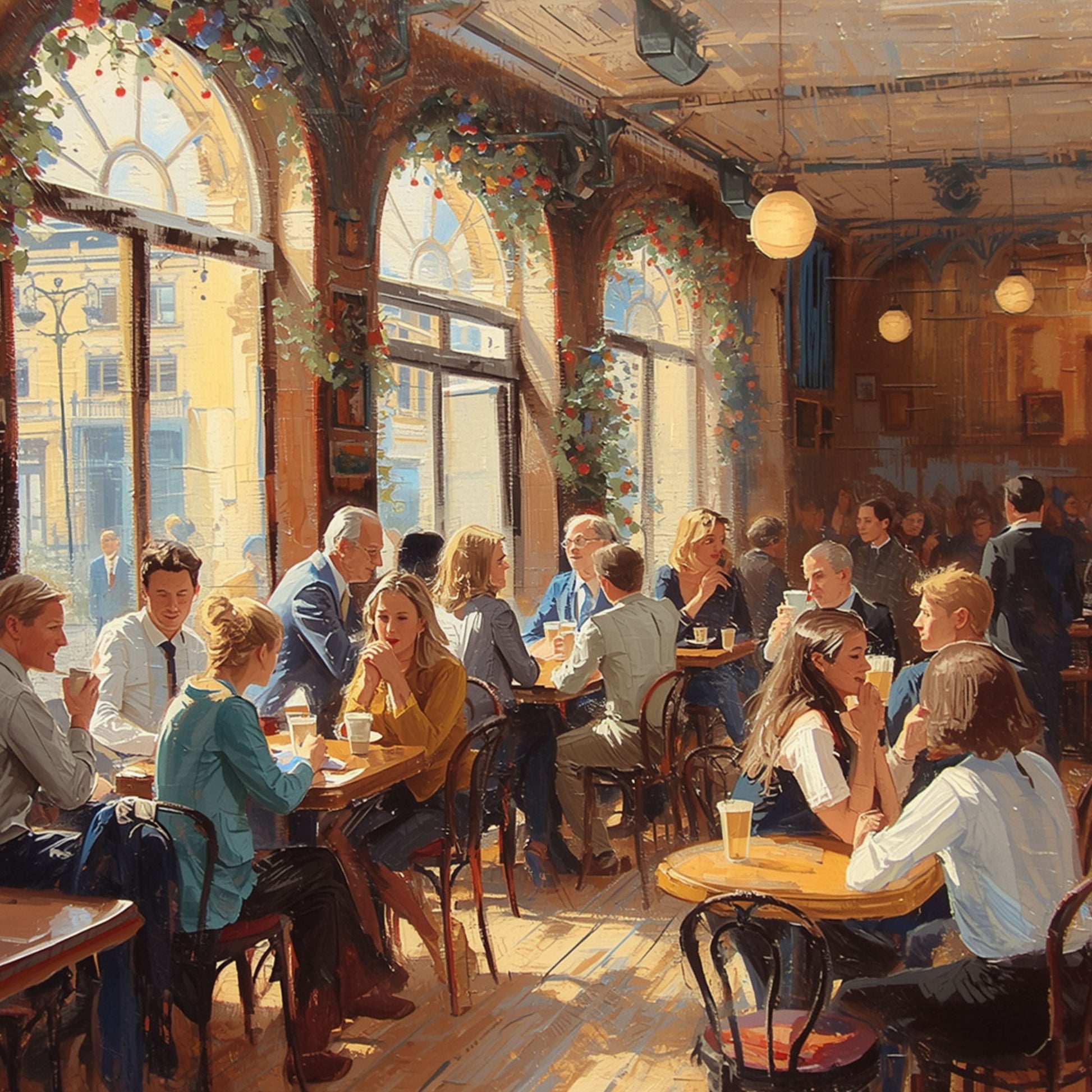 Gezellig restaurant canvas schilderij met druk café interieur vol gasten aan tafels onder warm gouden licht met weelderige plantendecoratie en grote ramen – eetkamer wanddecoratie
