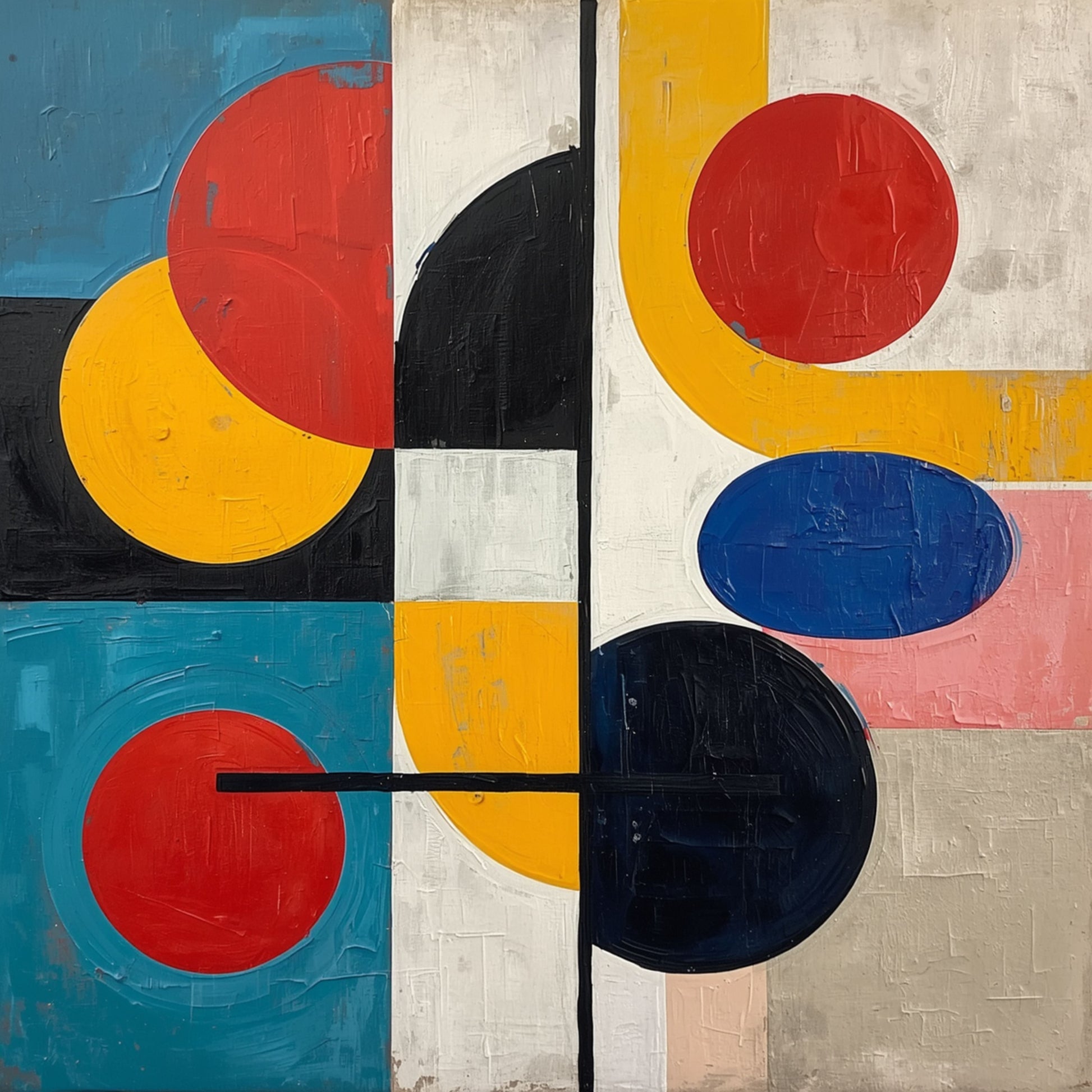 Abstract schilderij met geometrische cirkels en horizontale lijnen in vurig rood, warm goud, diepblauw en zwart – Bauhaus-geïnspireerde wall art print
