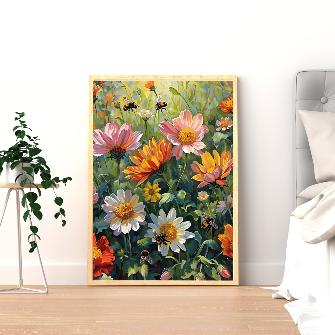Dahlia tuin bloemen schilderij in houten lijst staand op houten vloer naast groene plant en witte muur in lichte entree – wall art print interieur
