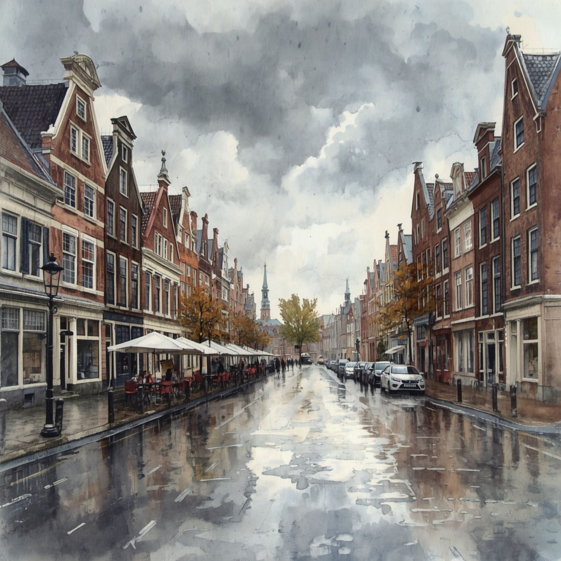 Realistisch schilderij van regenachtige gracht met natte klinkers, donkere historische grachtenpanden, geparkeerde auto's en dramatische grijze wolkenlucht – wall art print 