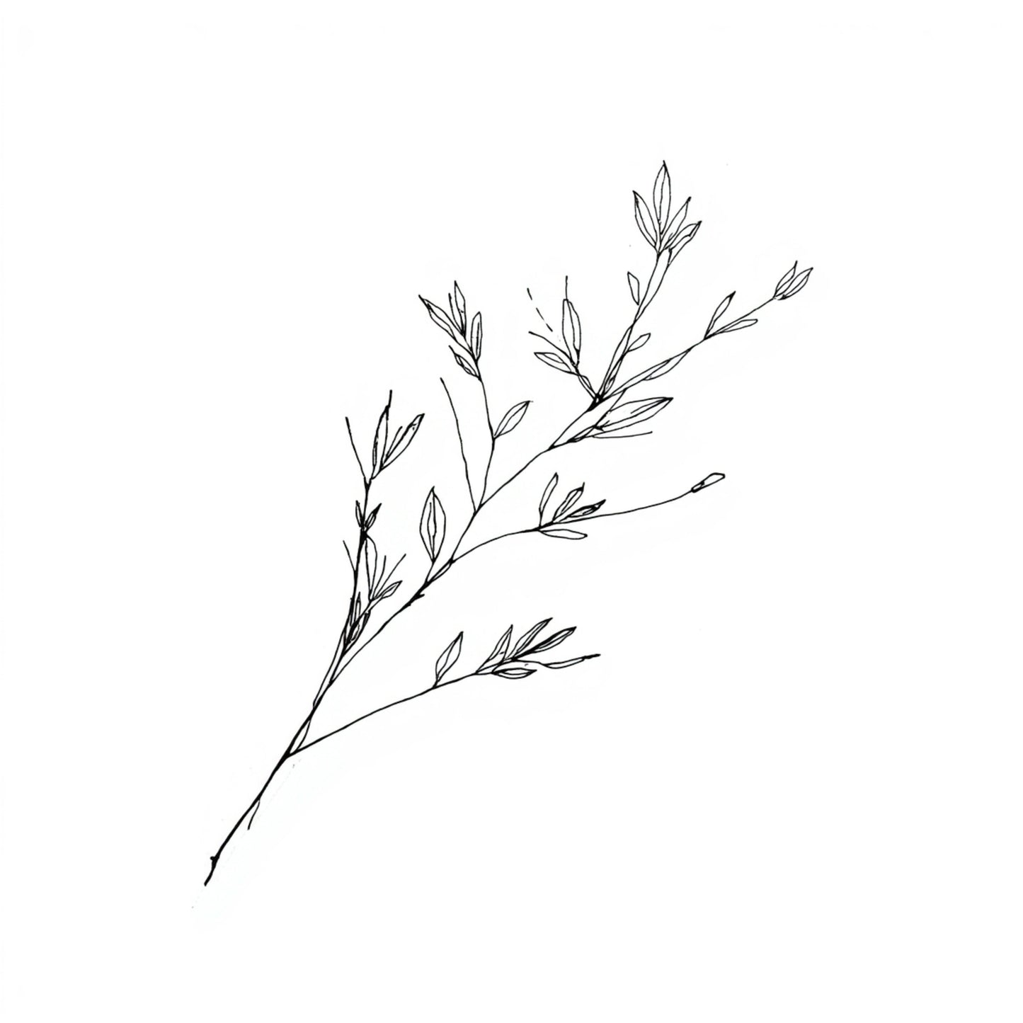 Minimalistisch schilderij met fijne grijze takken en delicate bloesemknoppen in botanische stijl op helder wit fond – sereen tijdloos wall art print voor de logeerkamer
