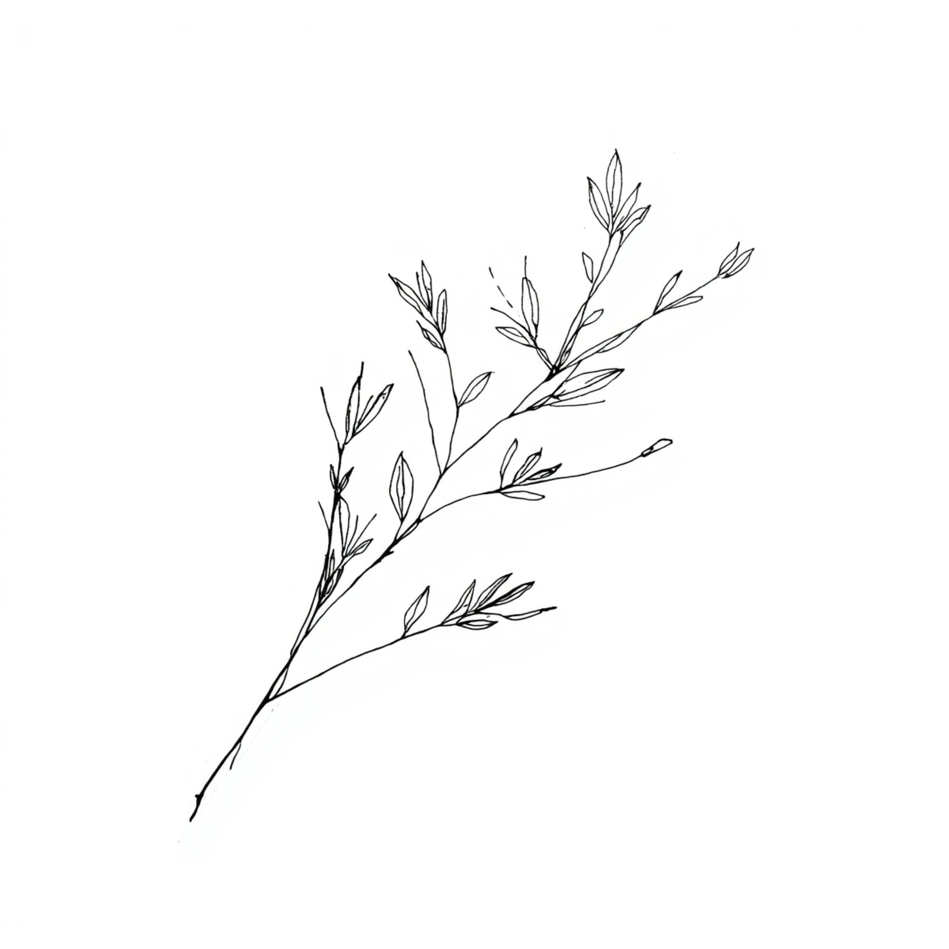 Minimalistisch schilderij met fijne grijze takken en delicate bloesemknoppen in botanische stijl op helder wit fond – sereen tijdloos wall art print voor de logeerkamer
