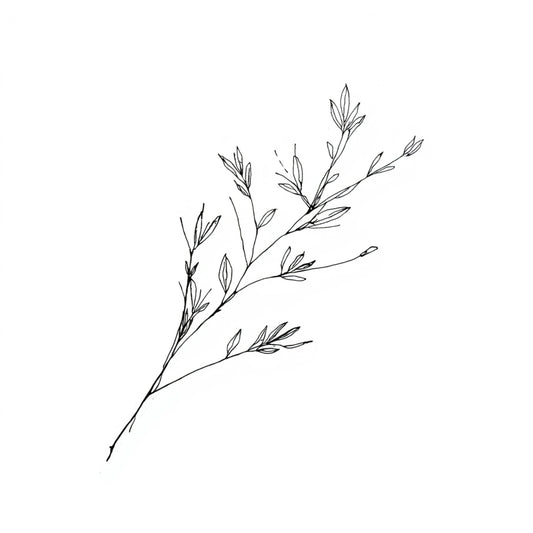 Minimalistisch schilderij met fijne grijze takken en delicate bloesemknoppen in botanische stijl op helder wit fond – sereen tijdloos wall art print voor de logeerkamer
