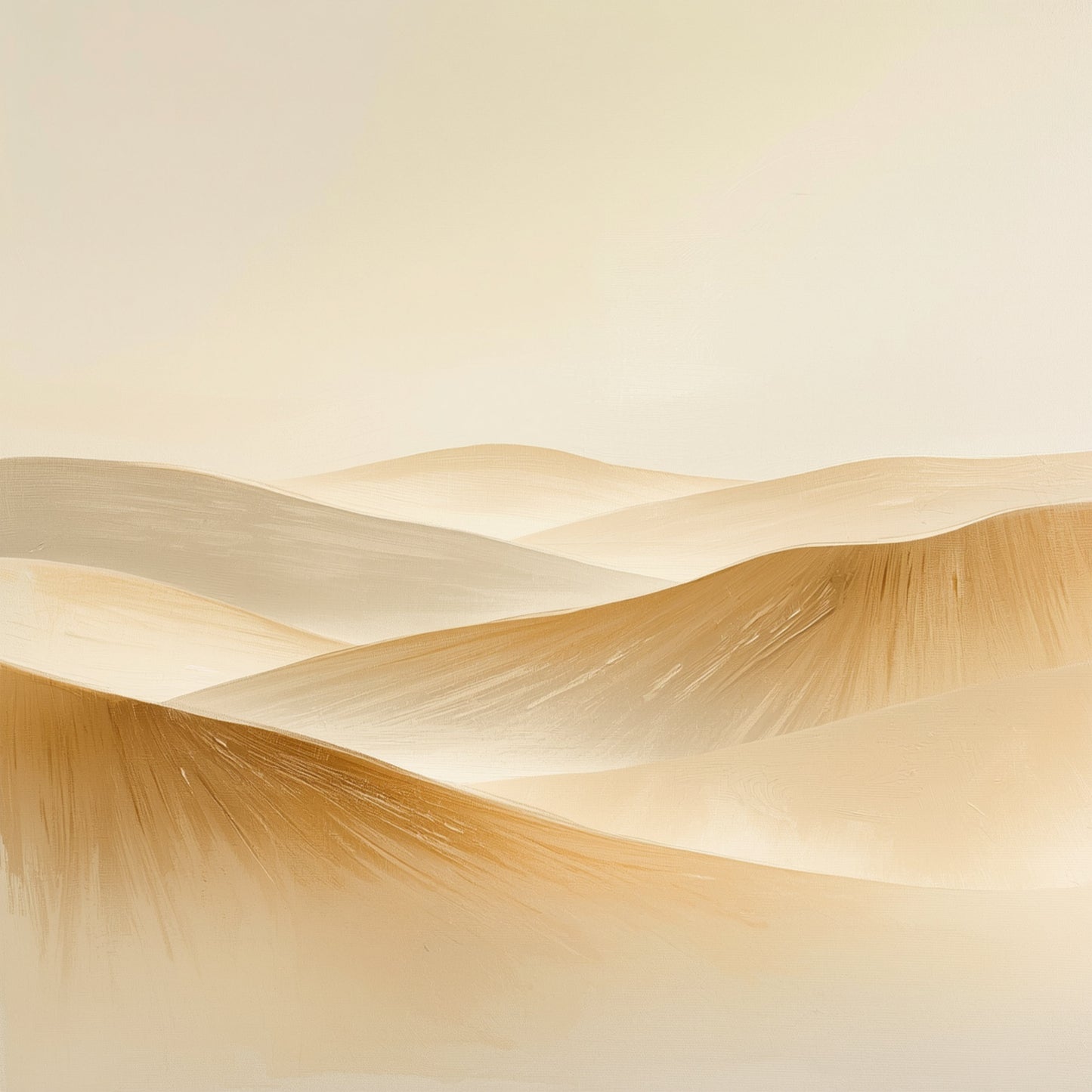 Abstract schilderij met vloeiende zachte beige en crème zandgolven die als een sereen en minimalistisch woestijnlandschap over het lichte fond bewegen – sereen minimalistisch wall art print voor de logeerkamer
