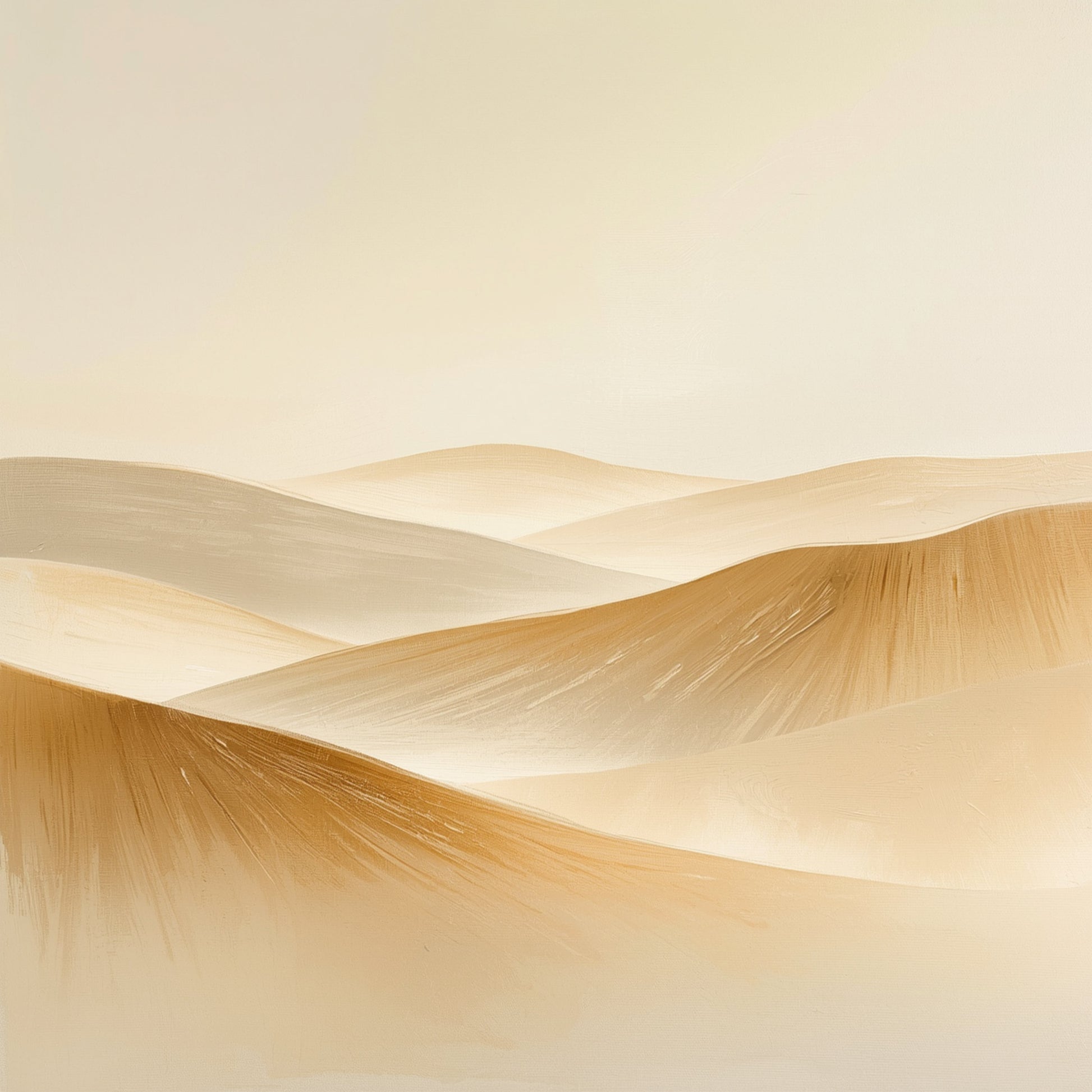 Abstract schilderij met vloeiende zachte beige en crème zandgolven die als een sereen en minimalistisch woestijnlandschap over het lichte fond bewegen – sereen minimalistisch wall art print voor de logeerkamer
