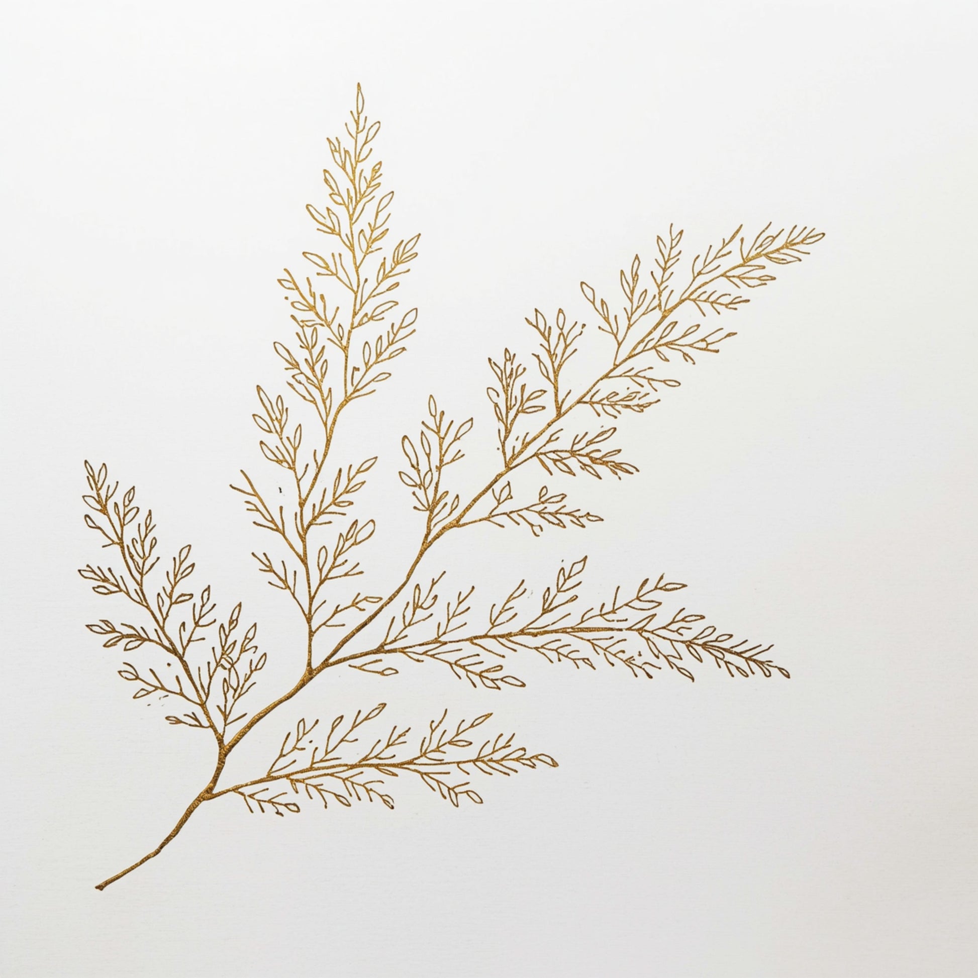 Botanisch schilderij met fijne gouden olijftak met delicate kleine blaadjes in een elegante diagonale compositie op warm crème fond – elegant tijdloos wall art print voor de logeerkamer
