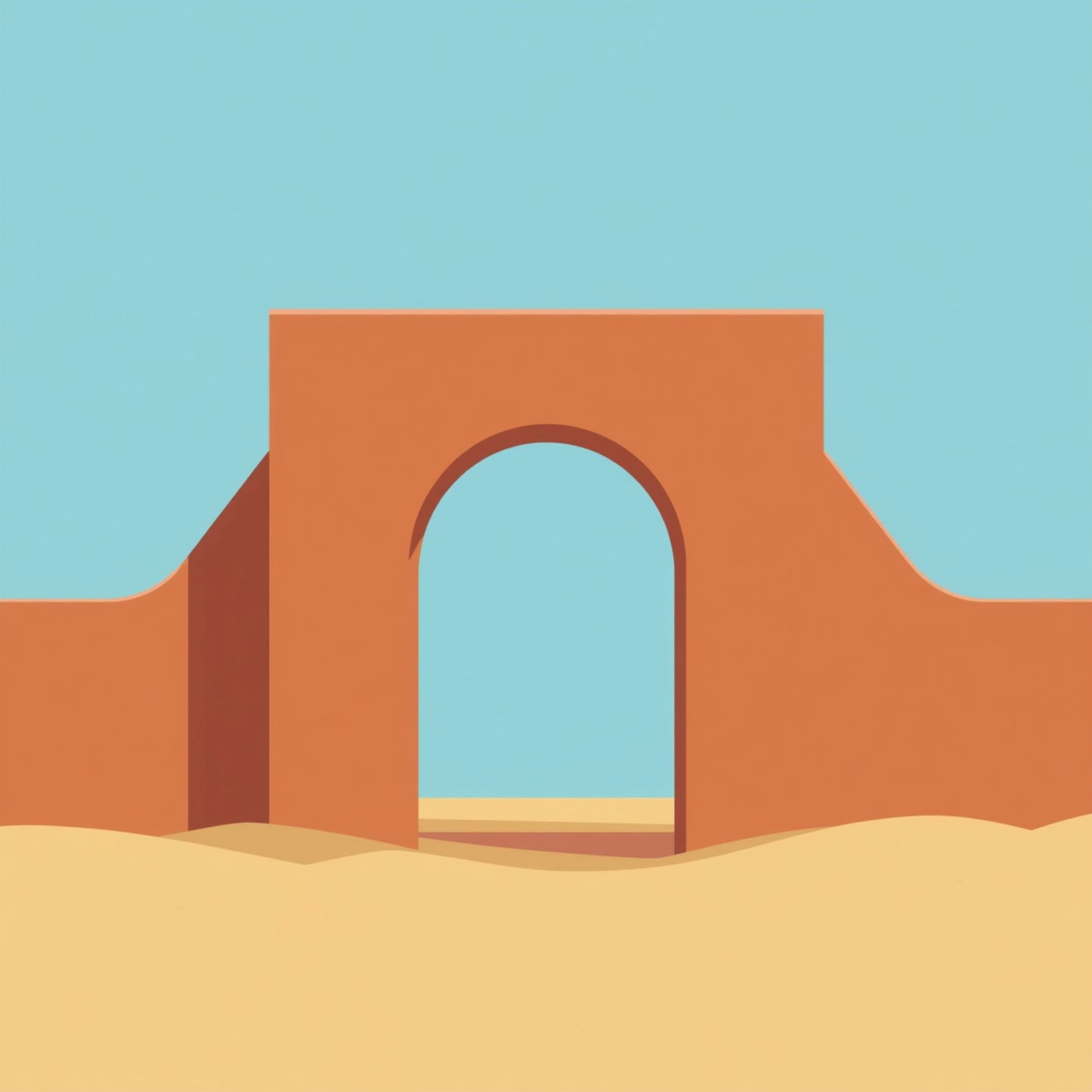 Kleurrijk schilderij met grote terracotta en oranjerode boogpoort op gouden zandvlakte onder stralend turquoise blauwe lucht in minimalistische grafische stijl – mediterraan vrolijk wall art print voor de logeerkamer
