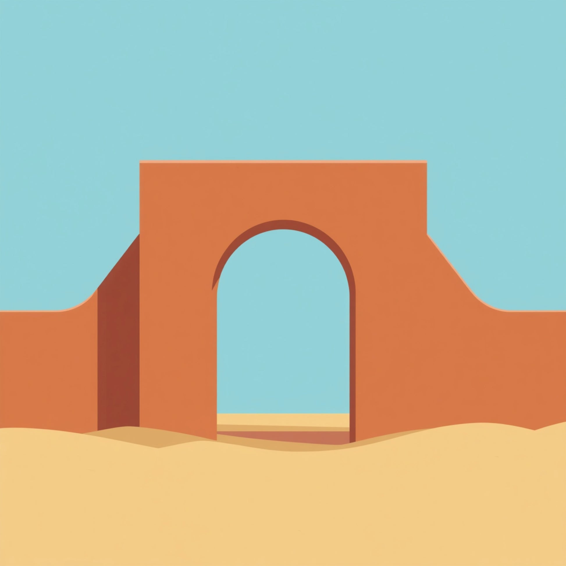 Kleurrijk schilderij met grote terracotta en oranjerode boogpoort op gouden zandvlakte onder stralend turquoise blauwe lucht in minimalistische grafische stijl – mediterraan vrolijk wall art print voor de logeerkamer
