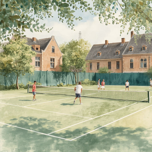 Delft schilderij met zomerse tennisbaan, spelende figuren, historische rode bakstenen panden en weelderig groen – impressionistische wall art print
