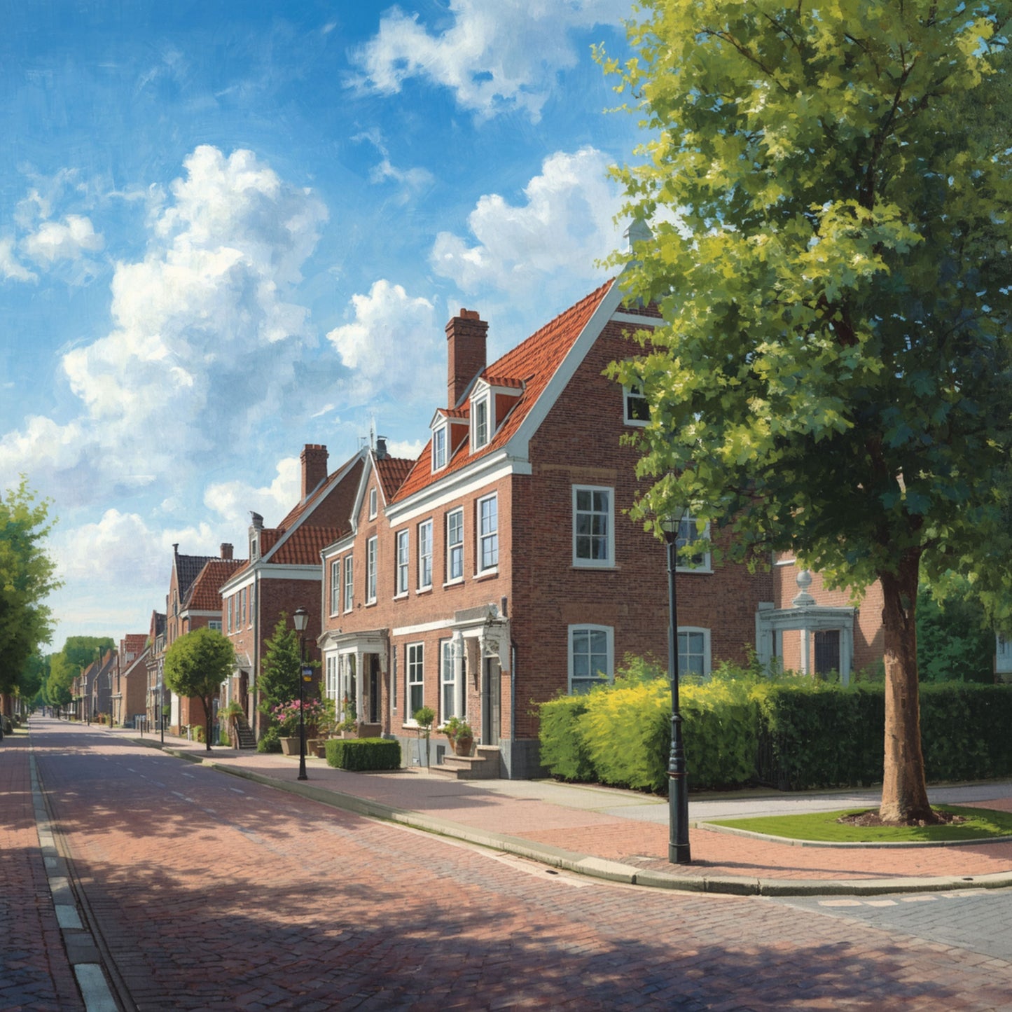 Delft villawijk schilderij met statige rode bakstenen villa's, brede straat, weelderige groene hagen en strakblauwe lucht met witte wolken – realistisch wall art print
