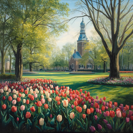 Delft parkschilderij met weids tulpenveld in roze en rood, majestueuze oude bomen en historische kerktoren in mistige lenteachtergrond – aquarel wall art print
