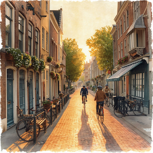 Delft avondstraat schilderij met twee fietsers op natte kasseien, historische panden met bloembakken en warm gouden avondlicht – cinematisch wall art print
