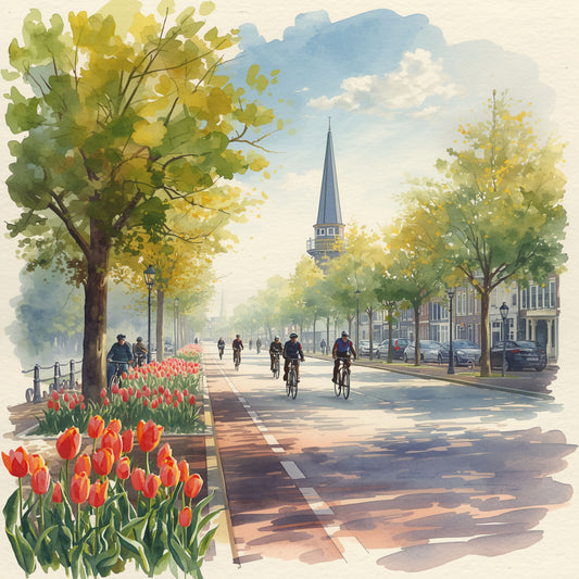 Delft lente schilderij met fietsers op brede zonnige laan, rode tulpen op voorgrond, weelderige gele en groene bomen en slanke kerktoren in zachte aquarellucht – wall art print

