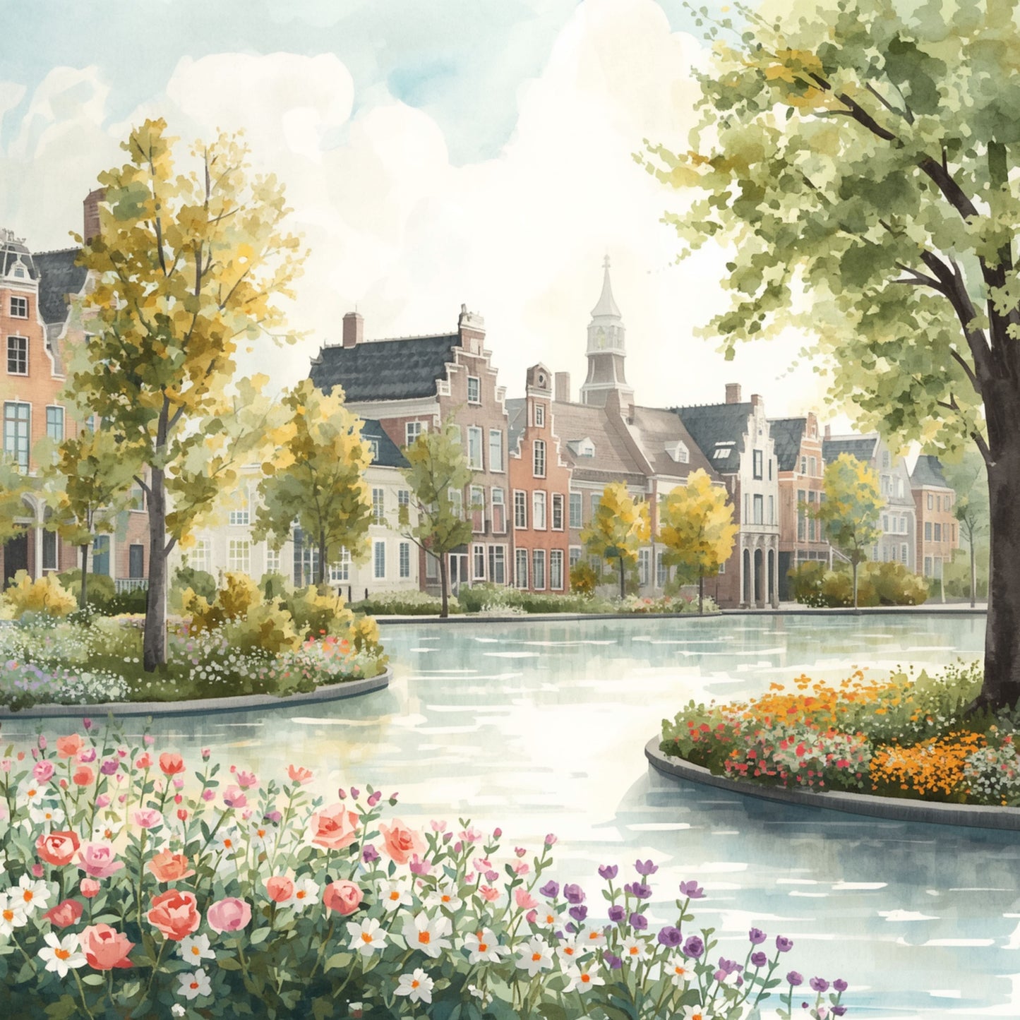Delft gracht schilderij met statige historische villa's weerspiegeld in rustig water, weelderige bomen en kleurrijke bloemen op de oever – romantische aquarel wall art print

