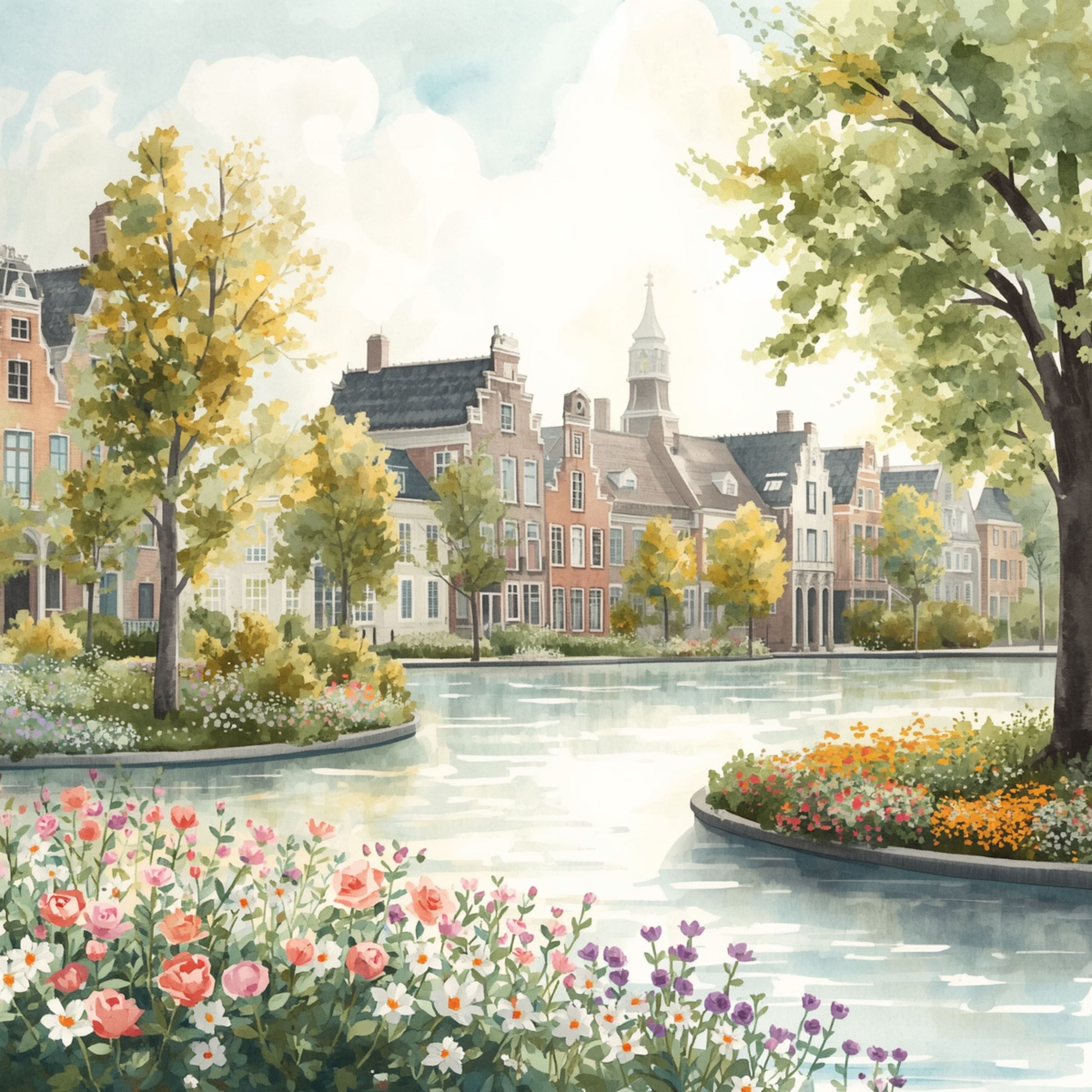 Delft gracht schilderij met statige historische villa's weerspiegeld in rustig water, weelderige bomen en kleurrijke bloemen op de oever – romantische aquarel wall art print
