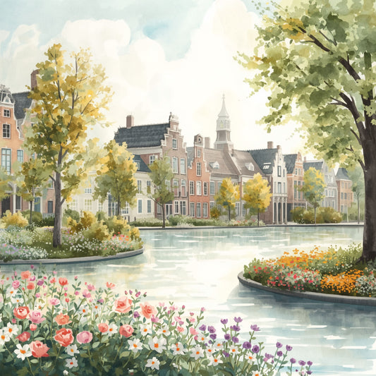 Delft gracht schilderij met statige historische villa's weerspiegeld in rustig water, weelderige bomen en kleurrijke bloemen op de oever – romantische aquarel wall art print
