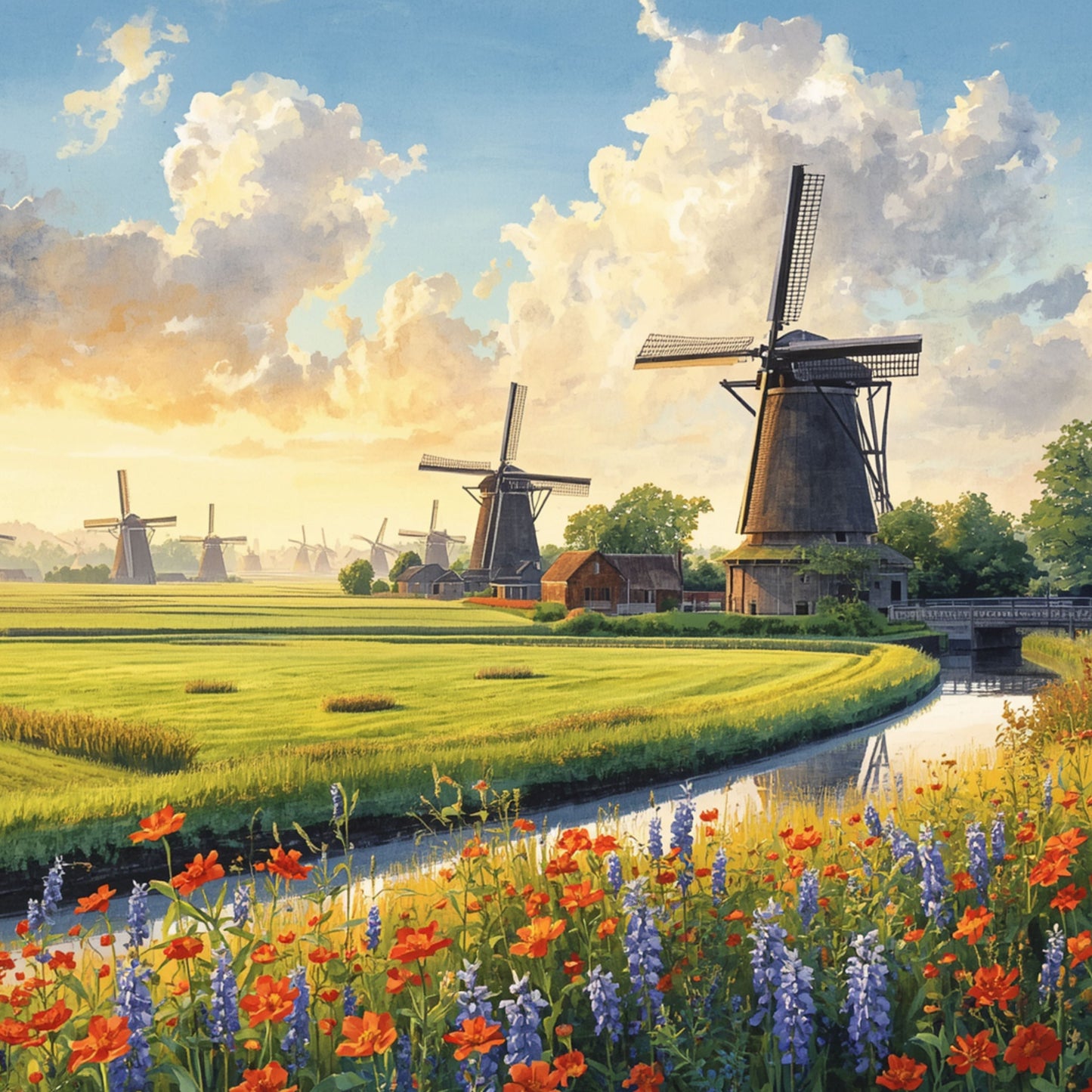 Delft molen schilderij met twee imposante windmolens in weids polderlandschap, kronkelend waterkanaal, rode en blauwe wilde bloemen en dramatische gouden avondlucht – klassiek wall art print
