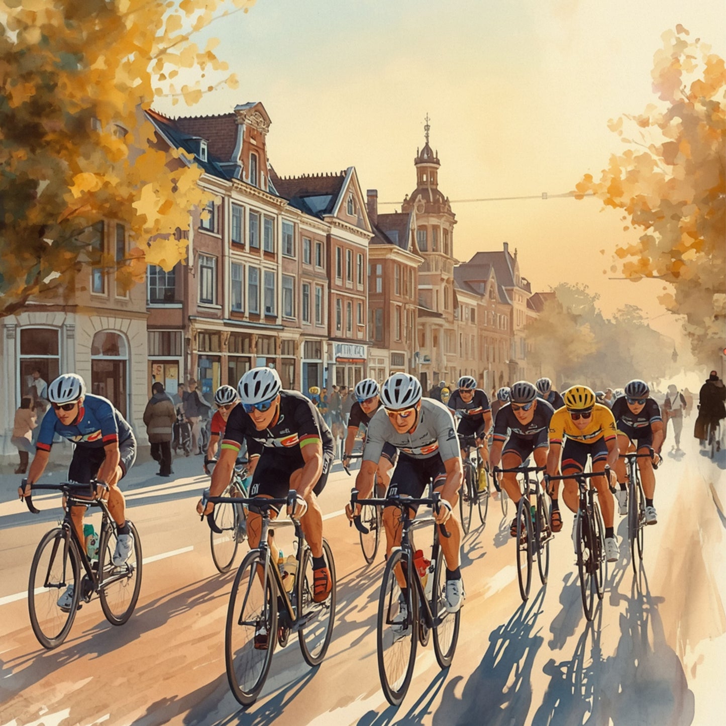 Delft wielrenners schilderij met druk peloton op brede straat, gouden herfstbomen, historische panden en warm cinematisch avondlicht – aquarel wall art print
