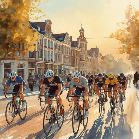 Delft wielrenners schilderij met druk peloton op brede straat, gouden herfstbomen, historische panden en warm cinematisch avondlicht – aquarel wall art print
