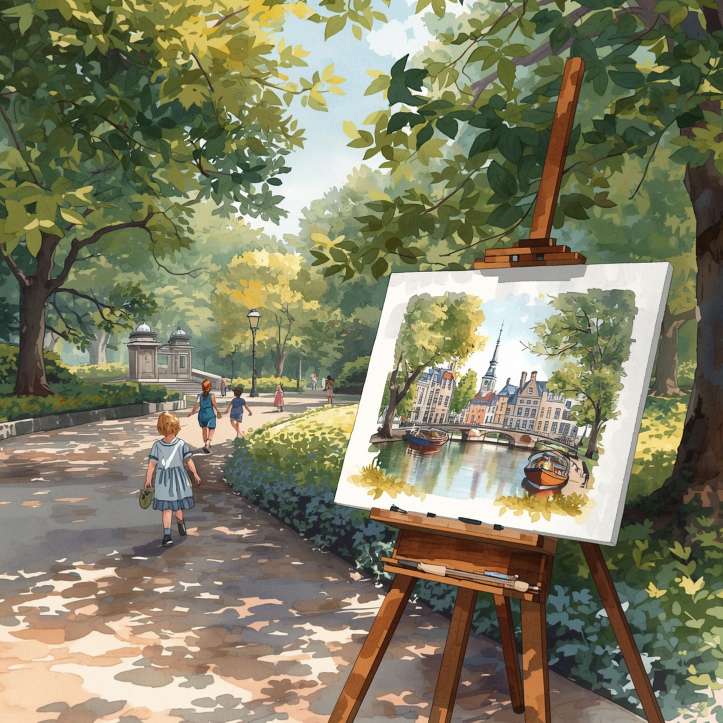 Delft schilderij met schilder achter ezel in weelderig zomerpark, doek met klassiek Delft grachttafereel, spelende kinderen op achtergrond en warm gefilterd zonlicht – aquarel wall art print
