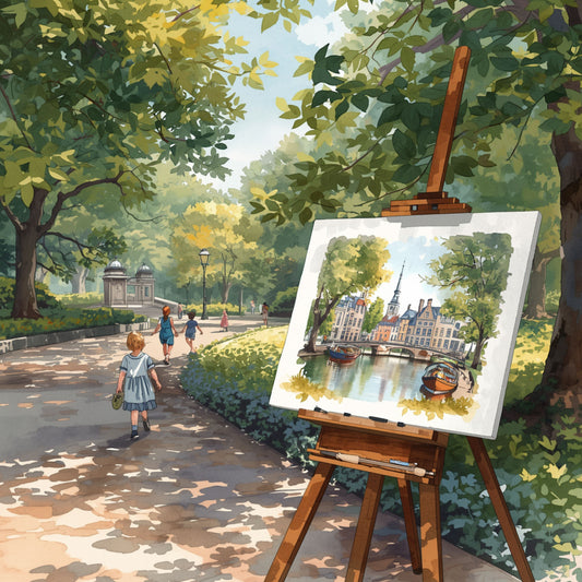 Delft schilderij met schilder achter ezel in weelderig zomerpark, doek met klassiek Delft grachttafereel, spelende kinderen op achtergrond en warm gefilterd zonlicht – aquarel wall art print
