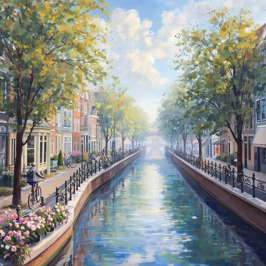 Delft gracht schilderij met lange spiegelgladde waterweg, weelderige groene bomen, historische panden, fietsen langs de oever en lichte zomerbewolking – realistisch wall art print

