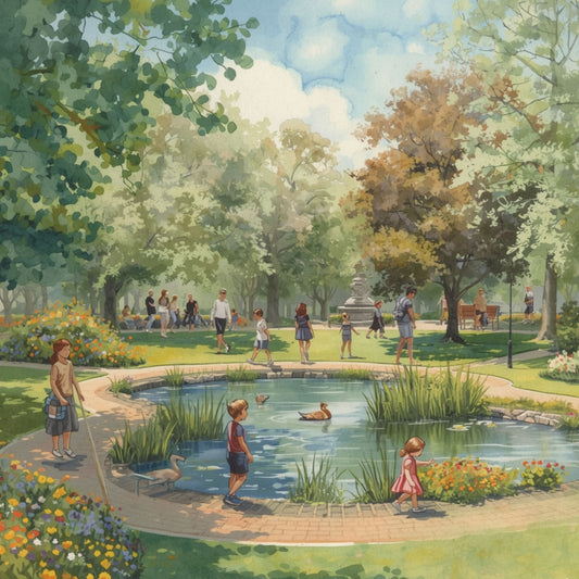 Breda parkschilderij met spelende kinderen langs rustige vijver, weelderige groene bomen, wandelaars en zachte zomerse lucht – aquarel wall art print
