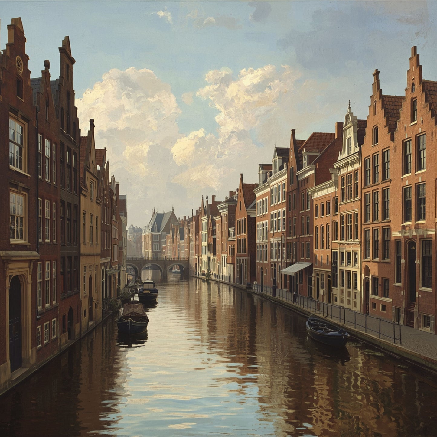Delft gracht schilderij met historische trapgevels, boten op het water en dramatische wolkenlucht – klassieke olieverf wall art print
