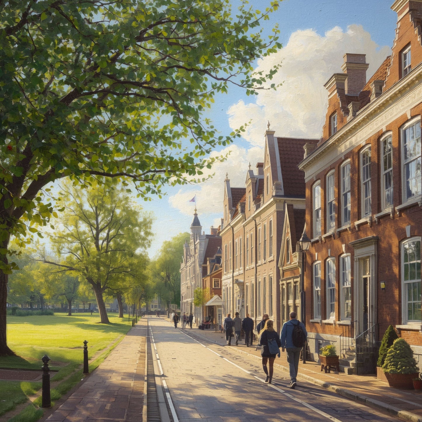 Breda laan schilderij met wandelaars op brede zonnige laan, imposante rode bakstenen historische panden, weelderige groene bomen en strakblauwe zomerlucht – realistisch wall art print
