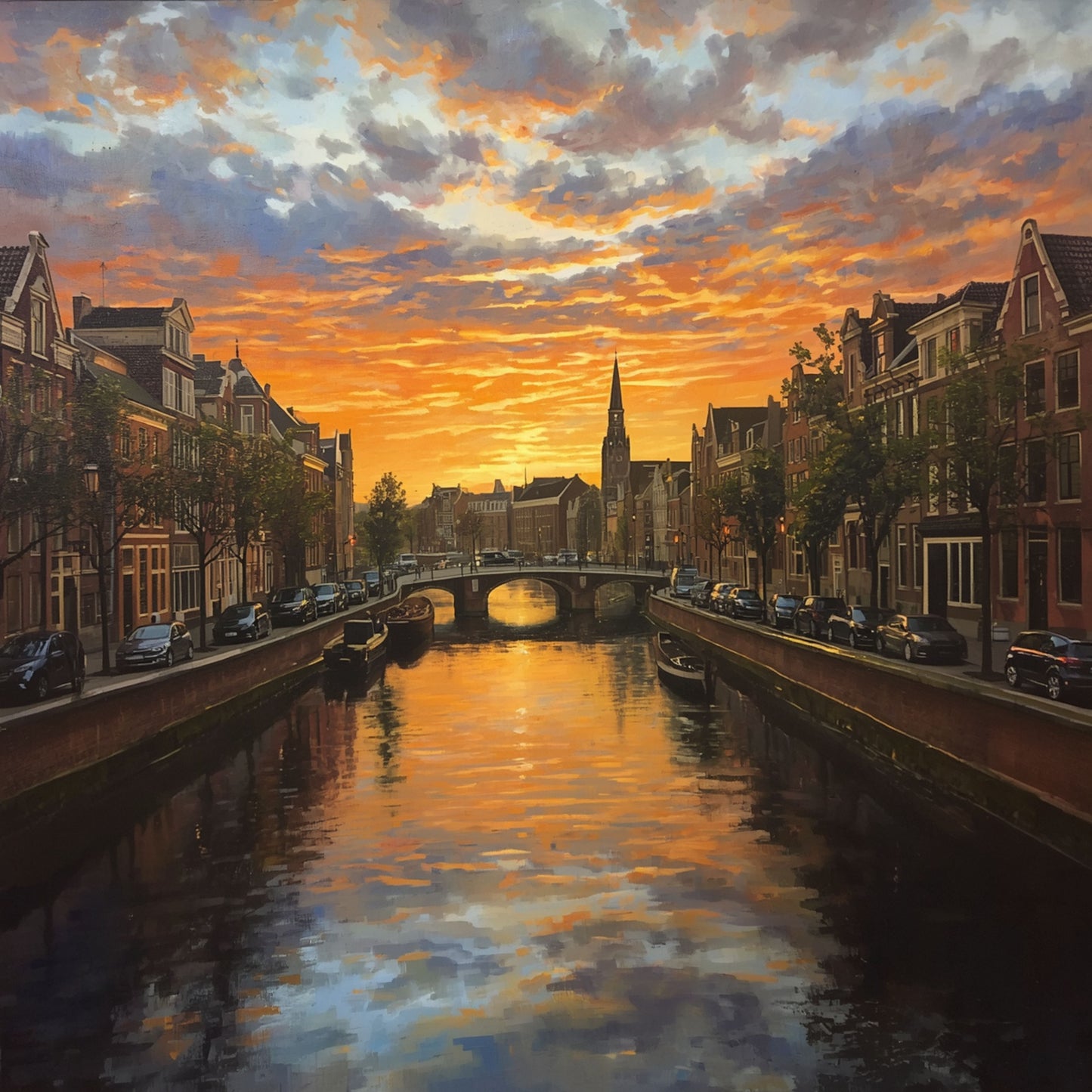 Breda gracht schilderij met vurige oranje en paarse zonsondergang boven historische gracht, slanke kerktoren en weerspiegeling in donker water – cinematisch olieverf wall art print
