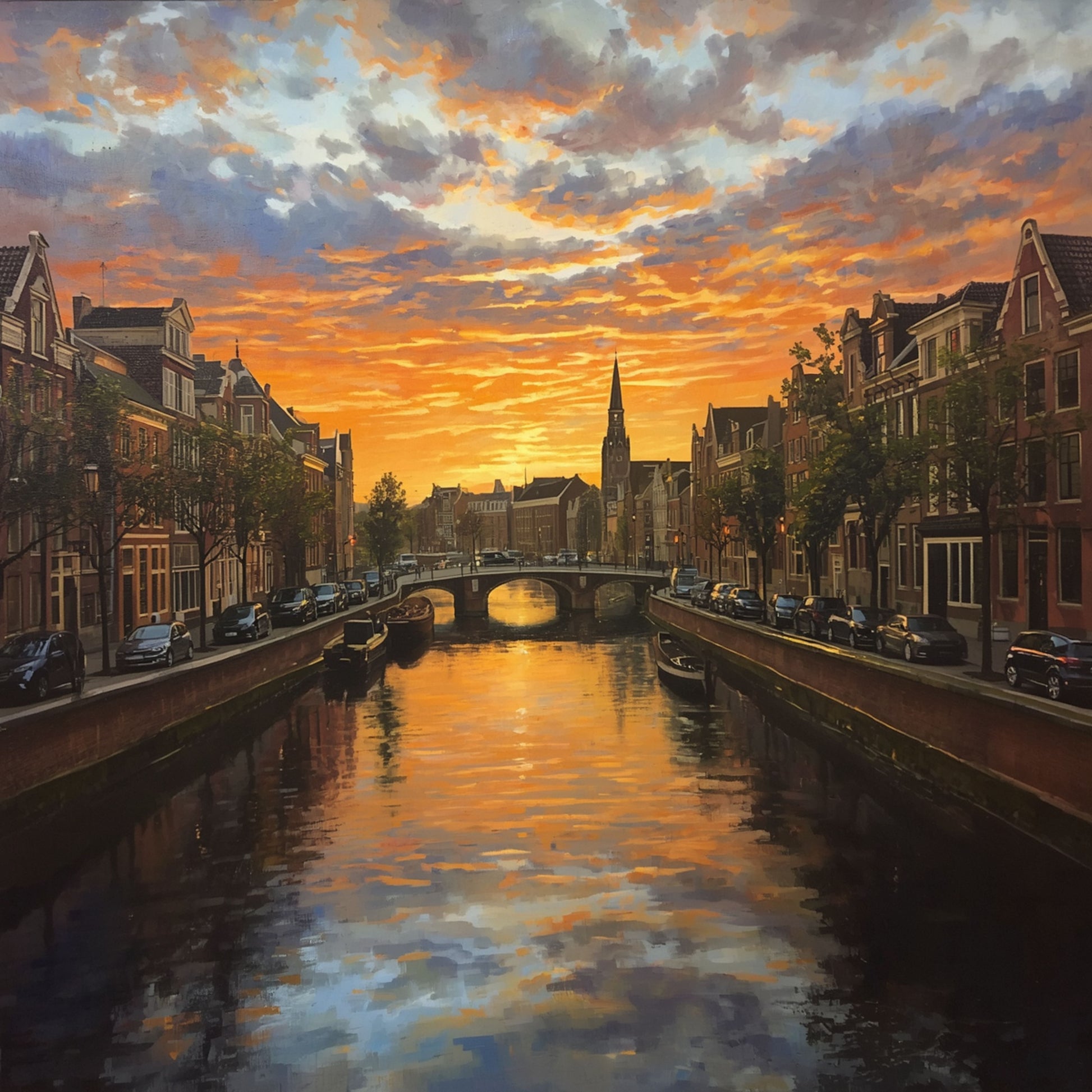 Breda gracht schilderij met vurige oranje en paarse zonsondergang boven historische gracht, slanke kerktoren en weerspiegeling in donker water – cinematisch olieverf wall art print

