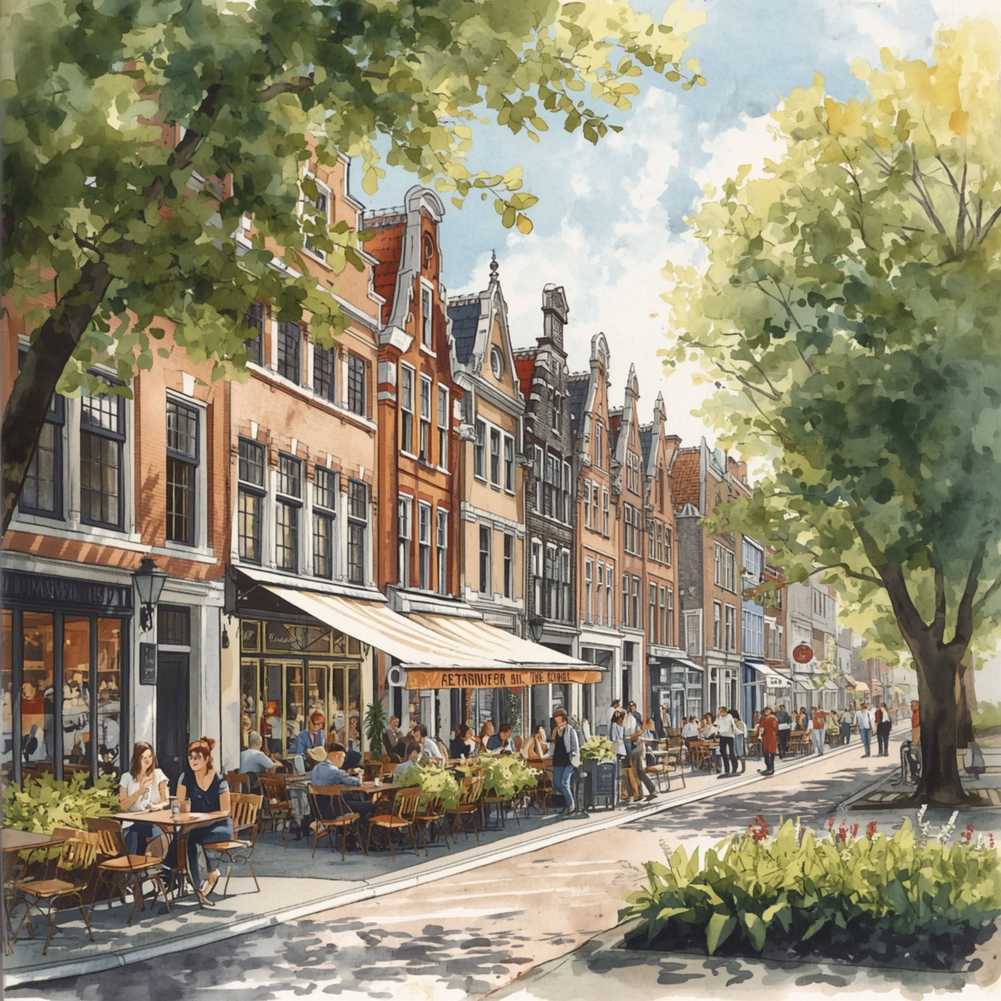 Breda terrasstraat schilderij met drukke winkelstraat vol terrasjes, weelderige groene bomen, historische rode bakstenen panden met luifels en wandelende mensen in warm zomerlicht – aquarel wall art print

