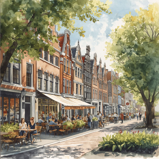 Breda terrasstraat schilderij met drukke winkelstraat vol terrasjes, weelderige groene bomen, historische rode bakstenen panden met luifels en wandelende mensen in warm zomerlicht – aquarel wall art print

