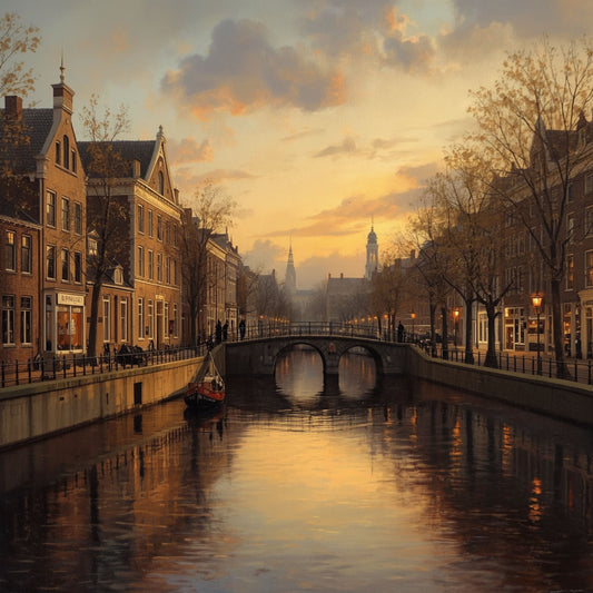 Breda gracht schilderij met rustige waterweg in warm gouden avondlicht, kale herfstbomen weerspiegeld in donker water, historische panden en dramatische bewolkte avondlucht – klassiek olieverf wall art print
