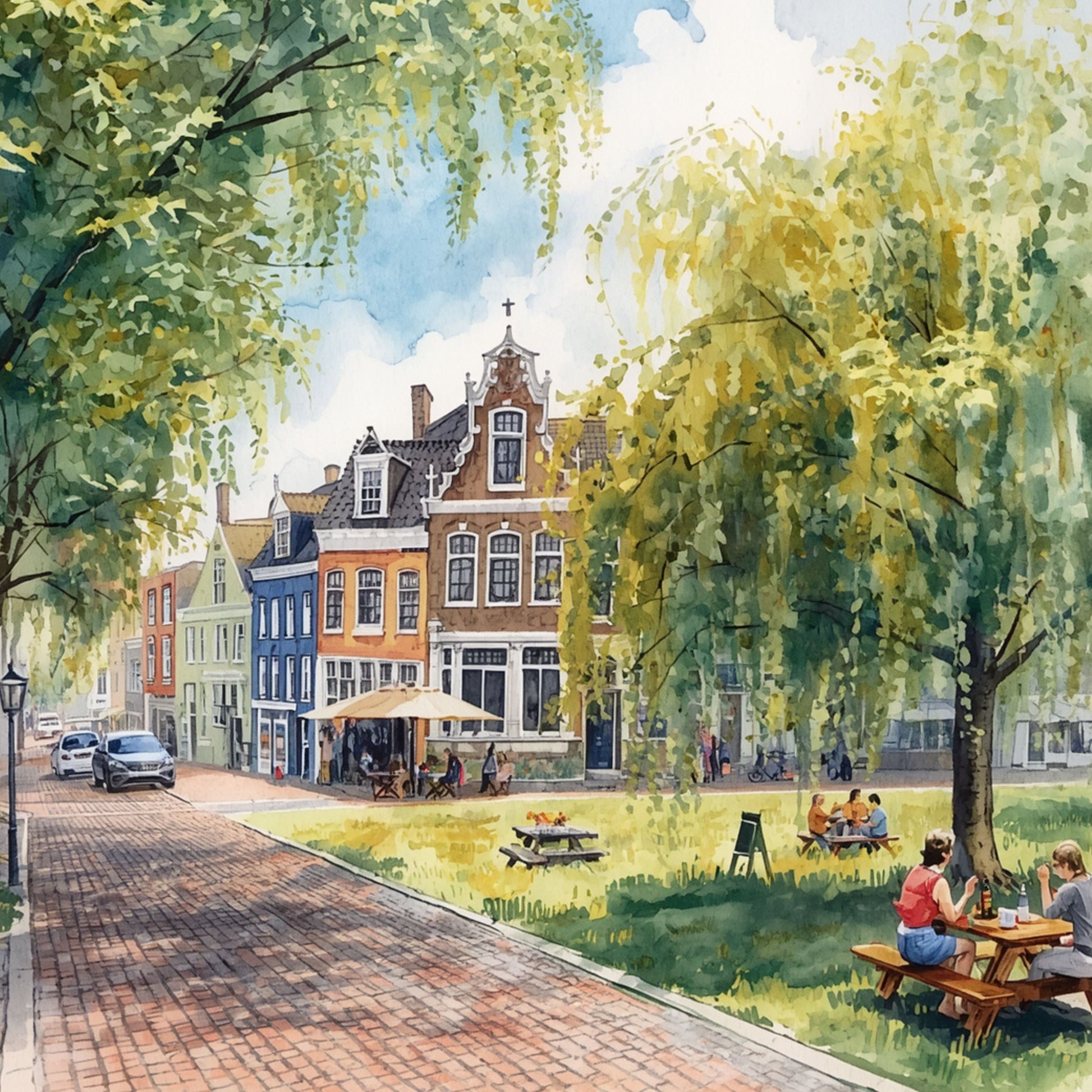 Breda parkschilderij met weelderig groen parkpad langs historische panden, mensen op het gras en zachte zomerse lucht – aquarel wall art print
