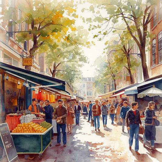 Breda markt schilderij met drukke overdekte marktlaan, weelderige groene bomen als natuurlijk dak, kleurrijke kramen en winkelende mensen in warm gefilterd licht – aquarel wall art print
