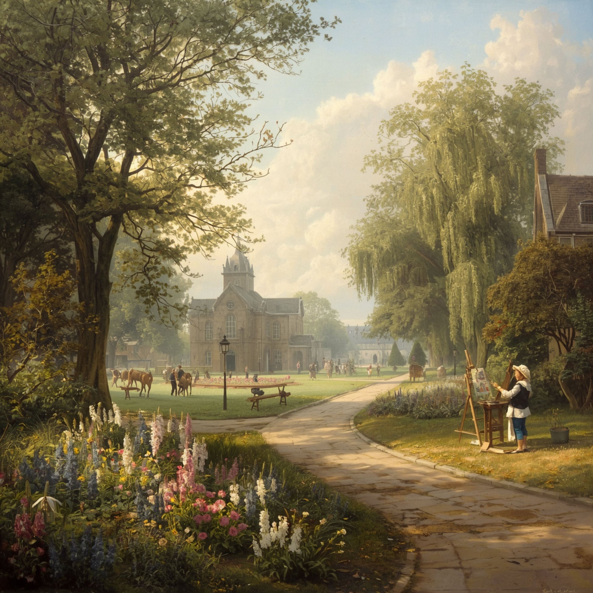 Klassiek landschap schilderij met schilderachtig bospad, majestueuze hangende bomen, witte bloemen, figuur met hond en historisch gebouw in mistige achtergrond – oud meester wall art print
