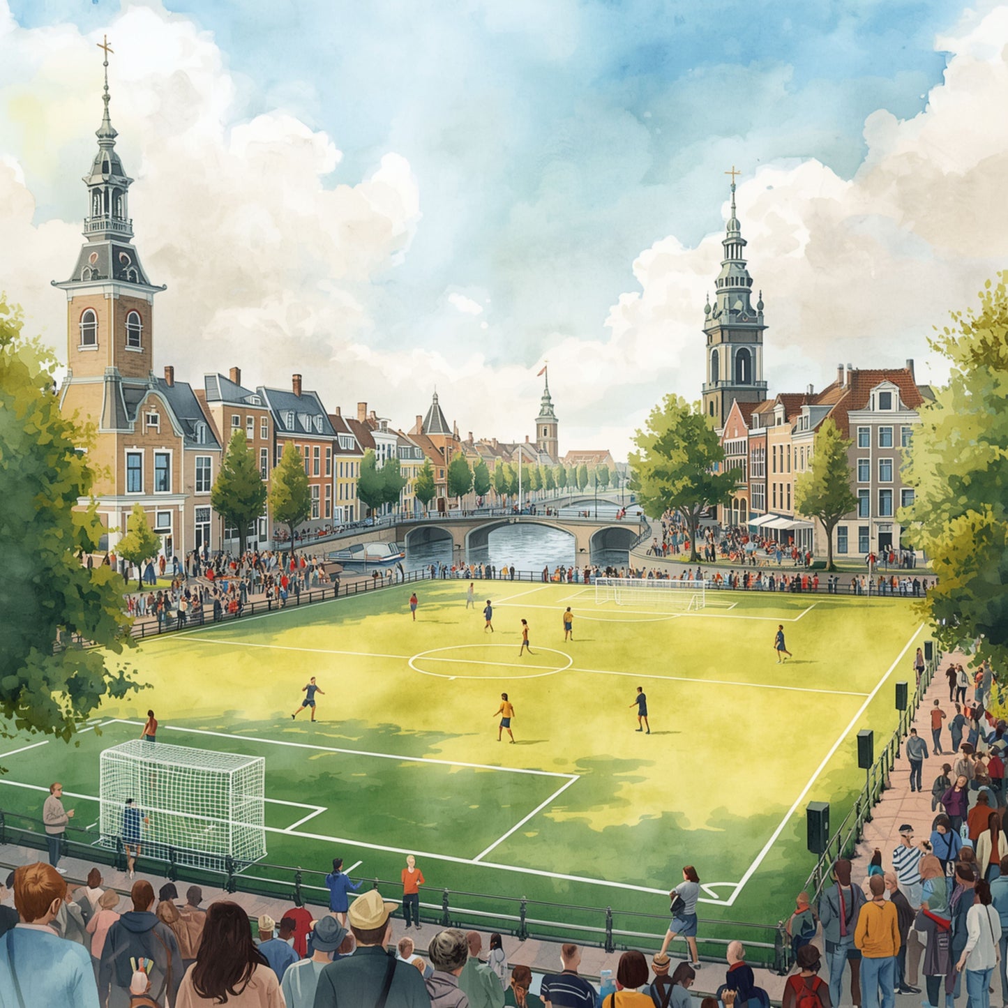Delft schilderij met voetbalveld vol toeschouwers, historische kerktorens en zachte aquarellucht – sportieve wall art print
