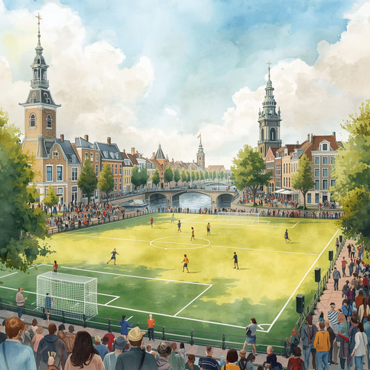 Delft schilderij met voetbalveld vol toeschouwers, historische kerktorens en zachte aquarellucht – sportieve wall art print
