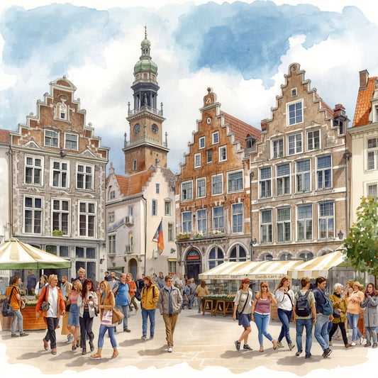 Breda marktplein schilderij met druk plein, imposante goudkleurige trapgevelpanden, slanke kerktoren, witte marktkramen en wandelende mensen onder bewolkte lucht – aquarel wall art print
