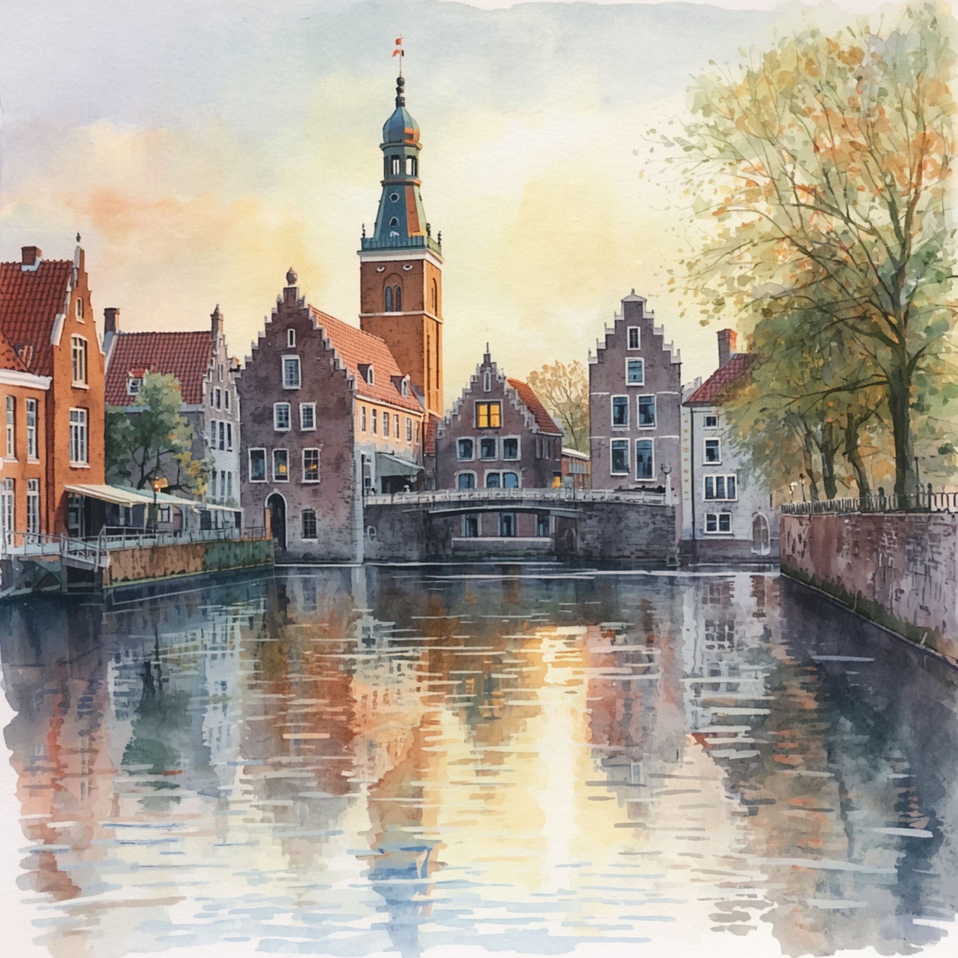 Breda herfstgracht schilderij met brede waterweg, historische trapgevelpanden weerspiegeld in stil water, kale herfstbomen en slanke kerktoren in zachte mistige herfsthemel – aquarel wall art print
