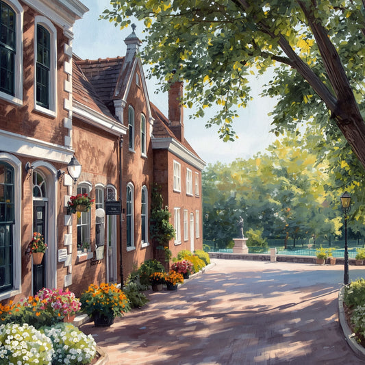 Breda villalaan schilderij met smal pad langs statige rode bakstenen villa's met klimop, weelderige overhangende bomen als groene tunnel en warm gefilterd zomerlicht – realistisch wall art print
