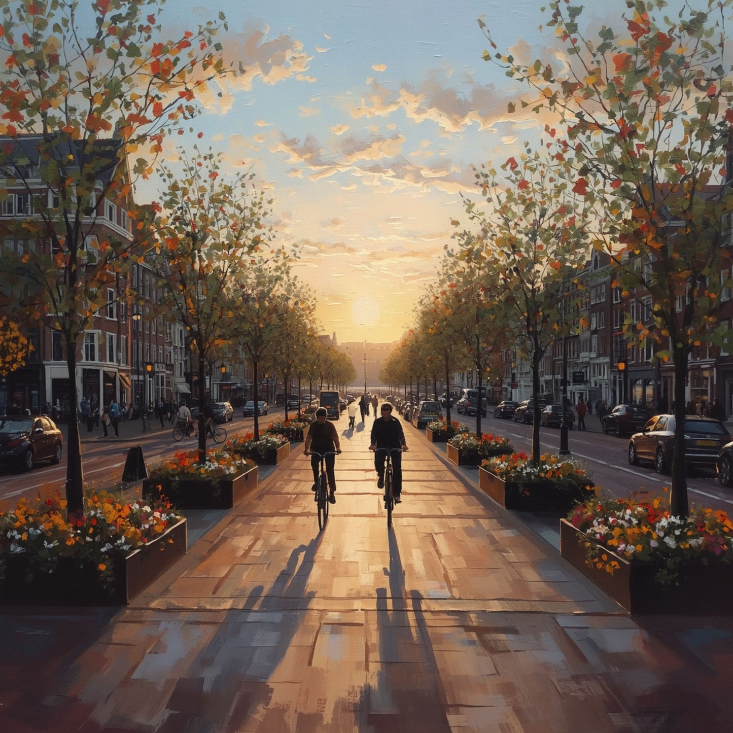Breda boulevard schilderij met twee silhouetten op brede laan, kale herfstbomen en lantaarnpalen onder explosieve oranje gouden zonsondergang weerspiegeld op nat wegdek – cinematisch wall art print
