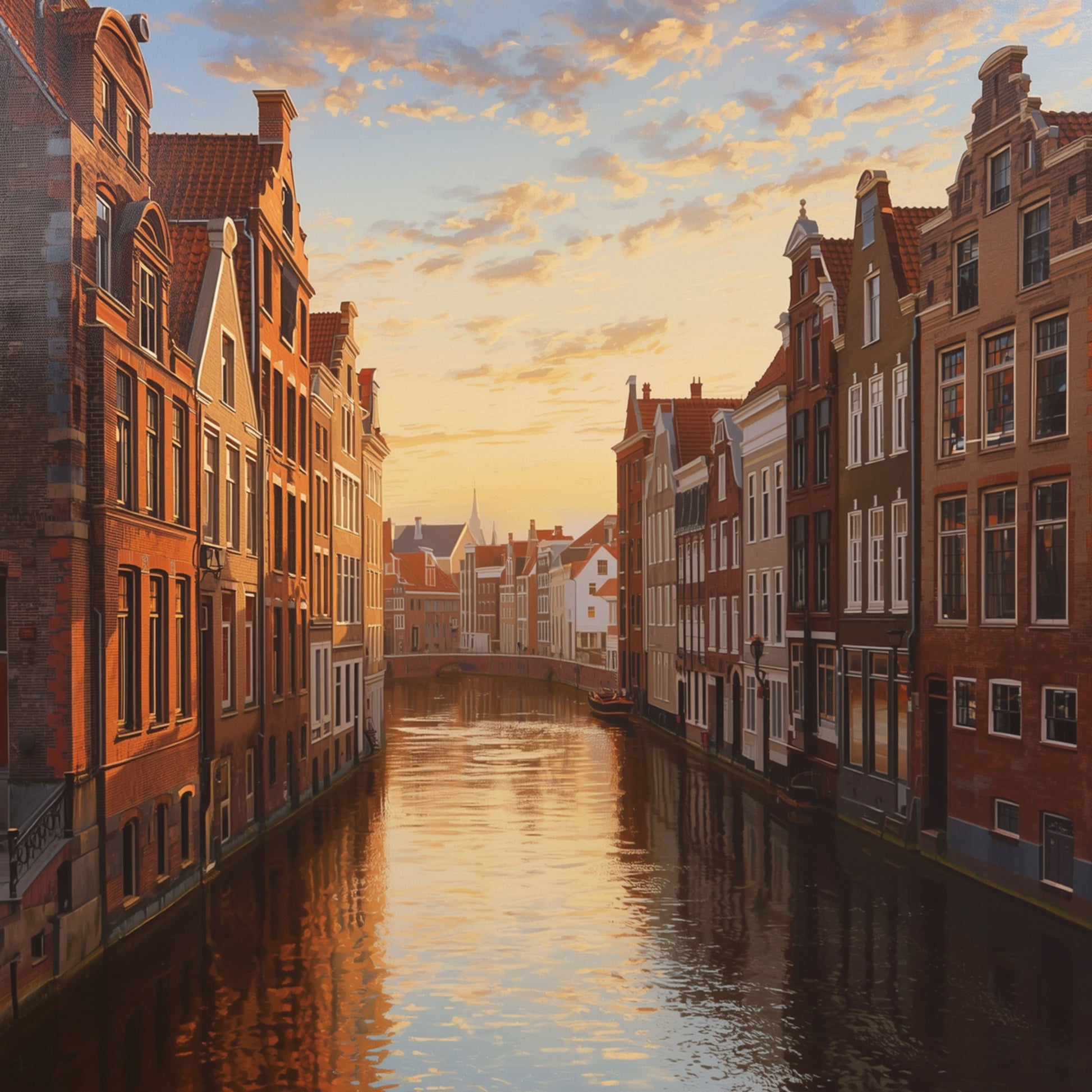 Amsterdam gracht schilderij met lange waterweg, imposante gouden gevelpanden weerspiegeld in donker water en dramatische oranje gouden avondlucht – olieverf oud meester wall art print

