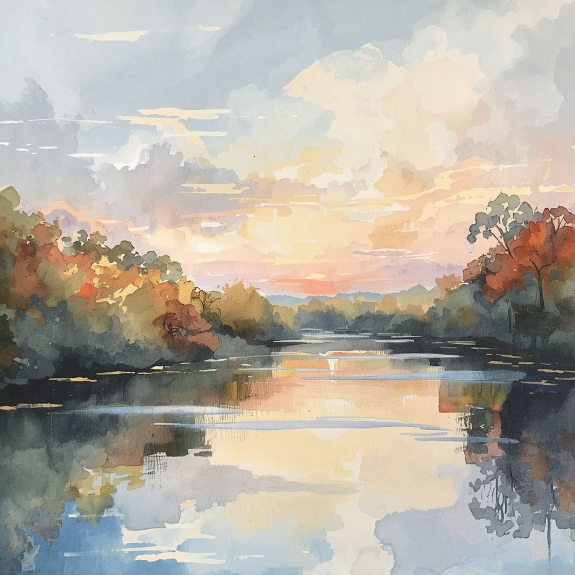 Klassiek herfst rivier schilderij met brede rustige waterweg, herfstbomen in warme oranje en rode tinten weerspiegeld in stil water en zachte pastelkleurige avondlucht met gouden wolken – aquarel wall art print
