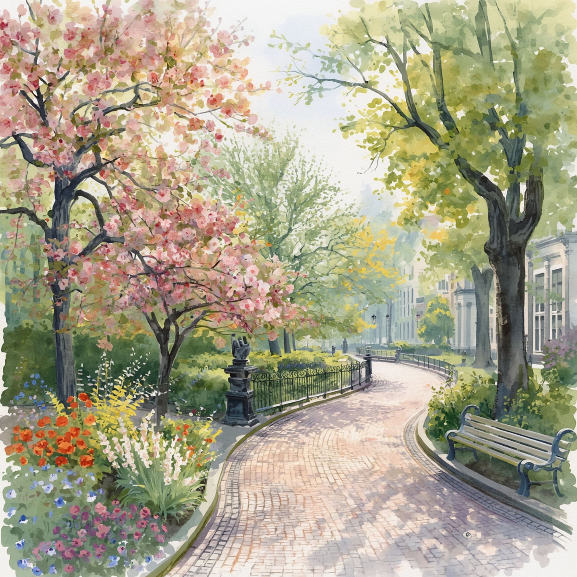 Delft parkschilderij met schilderachtig lentepad, bloeiende roze kersenbomen, rode bloemen en weelderig groen – aquarel wall art print

