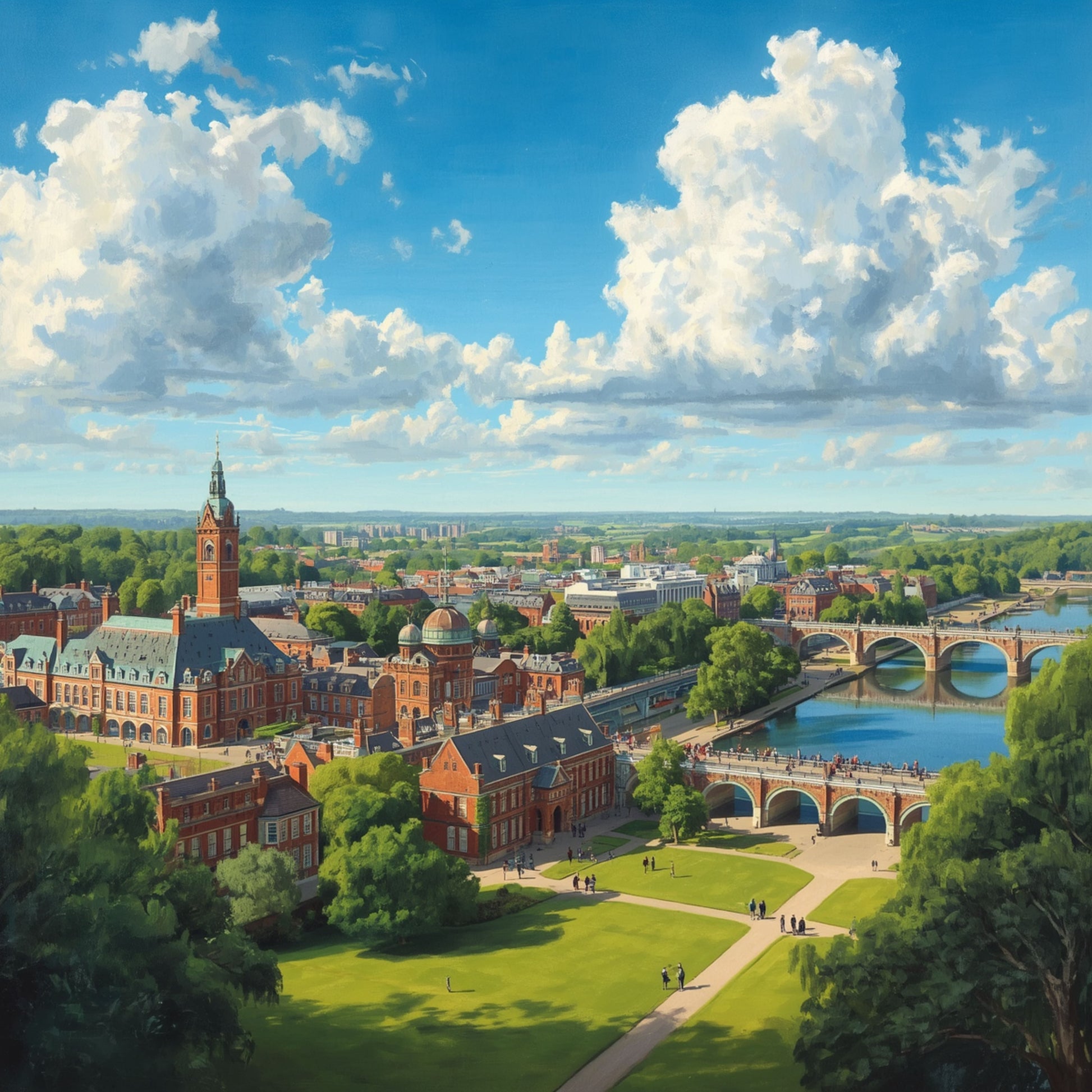 Arnhem stadsgezicht schilderij vanuit vogelvlucht met imposante Eusebiuskerk, historische Rijnbrug, rivier de Rijn en dramatische wolkenlucht boven groen stadslandschap – cinematisch wall art print

