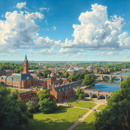 Arnhem stadsgezicht schilderij vanuit vogelvlucht met imposante Eusebiuskerk, historische Rijnbrug, rivier de Rijn en dramatische wolkenlucht boven groen stadslandschap – cinematisch wall art print

