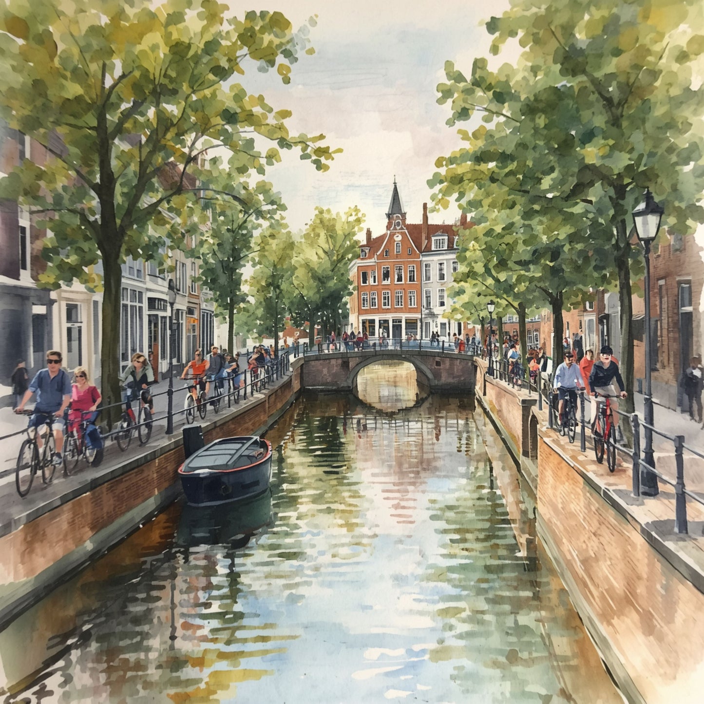 Amsterdam gracht schilderij met drukke kade vol fietsen, weelderige groene bomen, historische gevelpanden en sloep op het water onder zachte zomerlucht – aquarel wall art print

