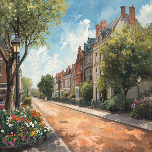 Arnhem villalaan schilderij met brede zonnige laan langs statige rode bakstenen villa's met klimop, weelderige groene bomen, kleurrijke bloemen en sierlijke lantaarnpaal – aquarel wall art print
